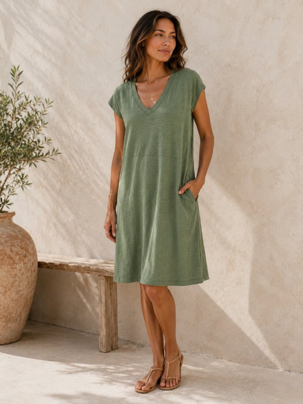 PACT Organic Cotton Olive Green V Neck T Shirt Dress Pockets Sustainable Casual